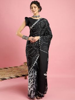 Akhilam - Womens Crepe Black Printed Saree with Unstitched Blouse