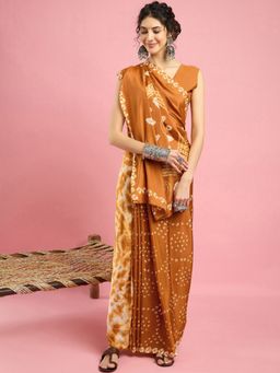 Akhilam - Womens Crepe Mustard Printed Saree with Unstitched Blouse