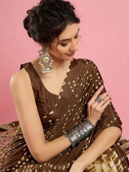 Akhilam - Womens Crepe Brown Printed Saree with Unstitched Blouse