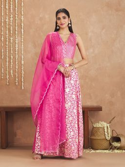 Gajra Gang - Amaira Pink Stripe & Jaal Brocade Blouse Lehenga Choli & Dupatta GGLEH23 (Set of 3)