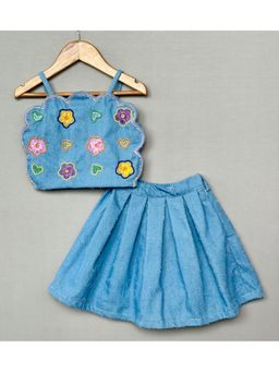 LABEL NEETI - Denim Floral Embroidery Crop Blue Top With Skirt