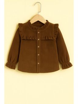 AWW HUNNIE - Corduroy Full Sleeves Front Botton Frill Style Brown Top