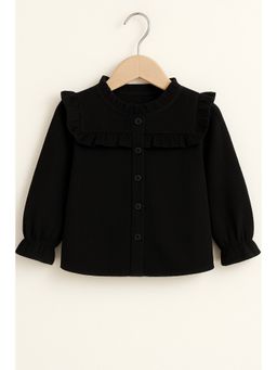 AWW HUNNIE - Corduroy Full Sleeves Front Botton Frill Style Black Top
