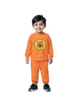 Trampoline - Boys Terry Loop Patch-Work Lion Printed Night Orange T-Shirt With Pyjama