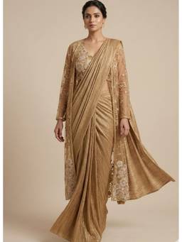 "Two Sisters" by Gyans - Gold Pre-Draped Saree with Blouse and Embellished Jacket