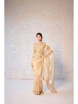 Shyam Narayan Prasad - Zardozi Embroidered Haflf-Sleeve Gold Saree with Belt & Petticoat