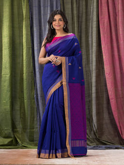 Angoshobha - Blue Cotton Blended Traditional Jamdani Saree with Unstitched Blouse