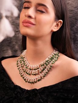 BINNI - White Pearls and Green Duldul Beads Layered Necklace