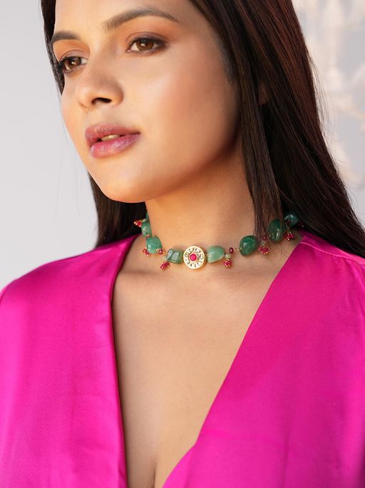 BINNI Green Stone and Red Bead Choker