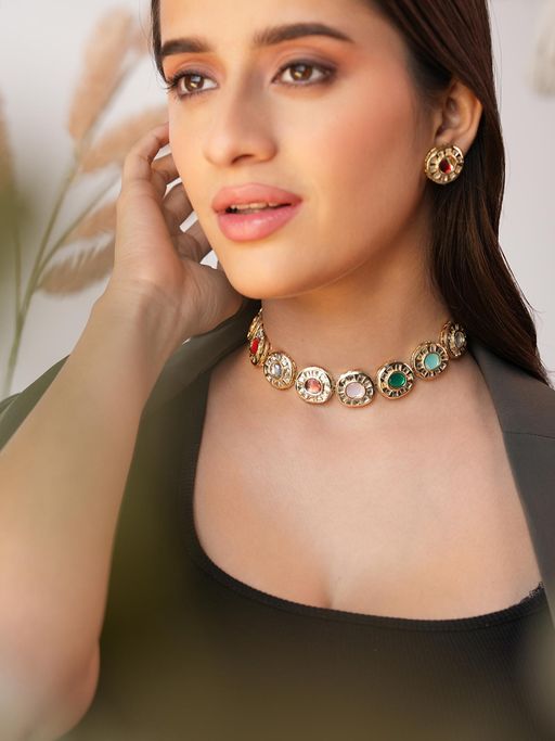 BINNI Multicolour Kundan Stone Studded Earrings and Necklace Set