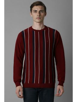 Louis Philippe - Men Maroon Stripes Crew Neck Full Sleeves Sweater