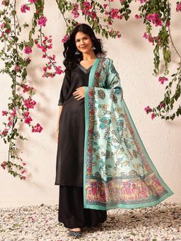 Silk Land - Green Pen Kalamkari Mul Cotton Digital Printed Dupatta