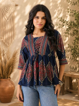 WineRed - Navy Blue Printed Empire Top