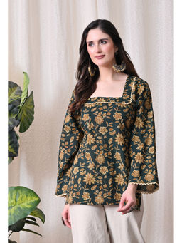 Meera Fab - Green Women Dark Green Floral Bell Sleeve Kurti