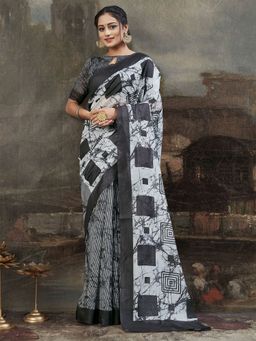 Odette - Womens Cotton Blend Black Printed Saree with Unstitched Blouse