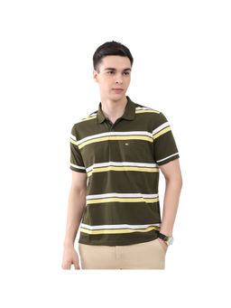 Monte Carlo - Olive Cotton Blend Stripes Half Sleeves Polo T-Shirt