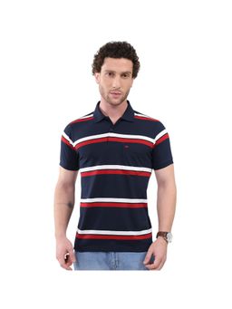 Monte Carlo - Navy Blue Cotton Blend Stripes Half Sleeves Polo T-Shirt