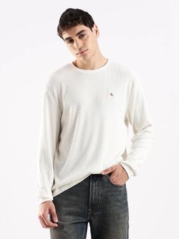 Calvin Klein - Cream Cotton Crew Neck Textured Regular Fit T-Shirt
