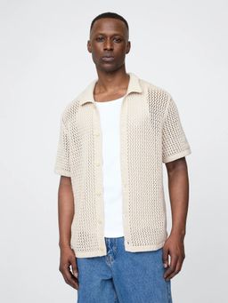 GAP - Men's Beige Regular Fit Crochet Collar Neck Shirt