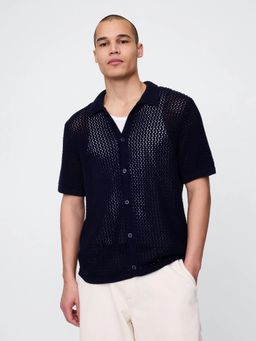 GAP - Men's Navy Blue Regular Fit Crochet Collar Neck Shirt