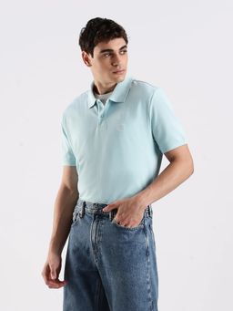 Calvin Klein - Men's Blue Cotton Collar Neck Solid Regular Fit Polo T-Shirt