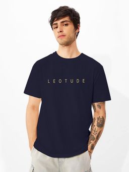 LEOTUDE - Men's Navy Blue Cotton Blend Crew Neck Typography T-Shirt