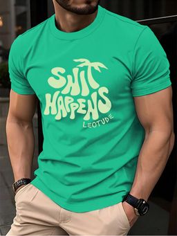 LEOTUDE - Men's Green Crew Neck Typography T-Shirt