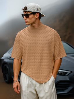 LEOTUDE - Men's Beige Cotton Blend Crew Neck Textured T-Shirt