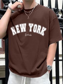 LEOTUDE - Men's Brown Cotton Blend Crew Neck Typography T-Shirt