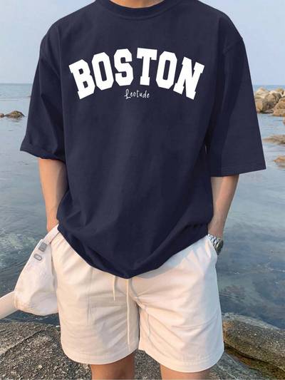 Printed Men's Navy Blue Cotton Blend T-Shirt