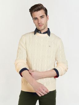 GANT - Men's Cream Lambswool Cable Textured Sweater