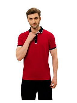 OUTERWORLD - Red Solid Collar Neck Men's Half Sleeve Polo T-Shirt