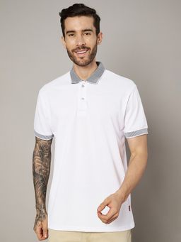 LEOTUDE - Men's White Solid Cotton Blend Polo T-Shirt