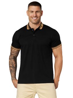 LEOTUDE - Men's Black Solid Cotton Blend Polo T-Shirt