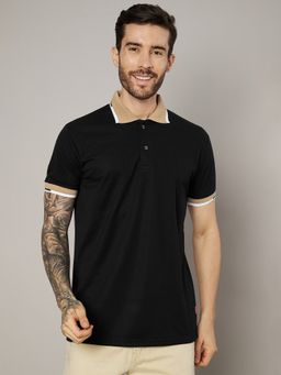 LEOTUDE - Men's Black Solid Cotton Blend Polo T-Shirt