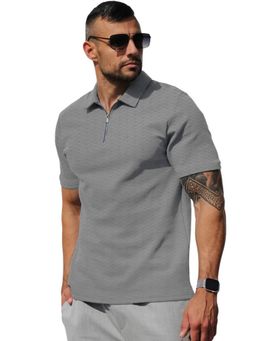 LEOTUDE - Men's Grey Textured Cotton Blend Polo T-Shirt