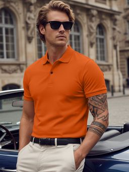 LEOTUDE - Men's Orange Solid Cotton Blend Polo T-Shirt