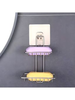 Kuber Industries - Soap Holder Wall Double Layer Soap Dish Rack Dish Strainer Rack Silver