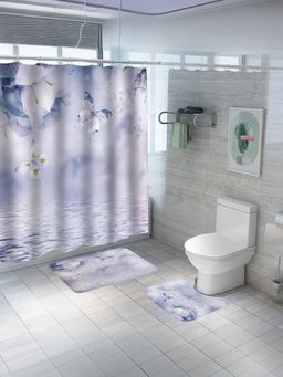 Kuber Industries - Shower Curtain & Bathmat 3 Pcs Set (Purple Butterflies)