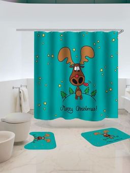 Kuber Industries - Shower Curtain & Bathmat 3 Pcs Set (Christmas Reindeer)