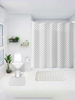 Kuber Industries - Shower Curtain & Bathmat 3 Pcs Set (White-Black Herringbone)