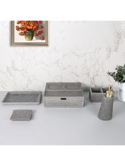 Kuber Industries - Premium Poly Resin Set Lotion Bottle, Towel Tray, Double Grid Tea Box Grey