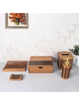 Kuber Industries - Premium Poly Resin Soap Dispenser (300ml), Soap Dish, Towel Tray, Tissue Box Brown