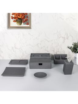 Kuber Industries - Premium 6 Pc Poly Resin Square Soap Dispenser, Towel Tray| Moisture-Resistant Grey