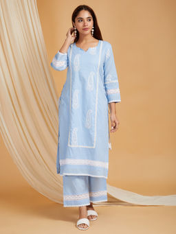 JS Label  - JS LABEL Powder Blue Embroidered Cotton Kurta With Palazzo (Set of 2)