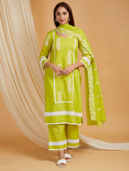 JS Label  - JS LABEL Green Embroidered Cotton Kurta with Palazzo and Dupatta (Set of 3)