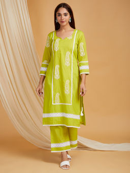 JS Label  - JS LABEL Green Embroidered Cotton Kurta With Palazzo (Set of 2)