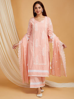 JS Label  - JS LABEL Peach Embroidered Cotton Kurta with Palazzo and Dupatta (Set of 3)