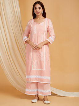 JS Label  - JS LABEL Peach Embroidered Cotton Kurta With Palazzo (Set of 2)