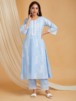 JS Label  - JS LABEL Powder Blue Embroidered Cotton Kurta with Pant (Set of 2)